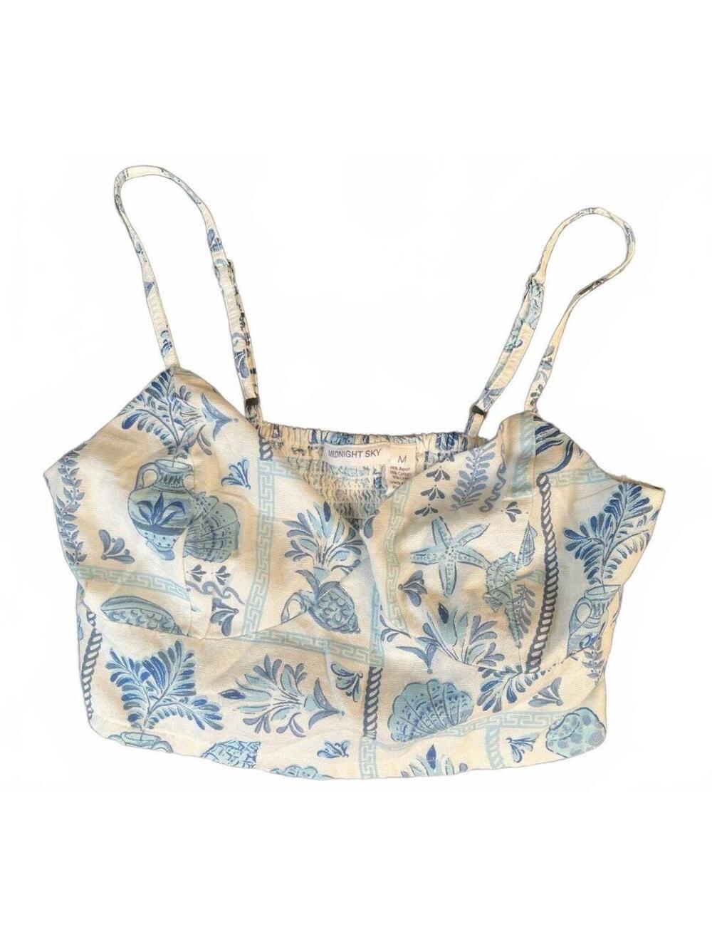 Midnight Sky Blue and White Patterned Crop Top with Adjustable Straps, Size M